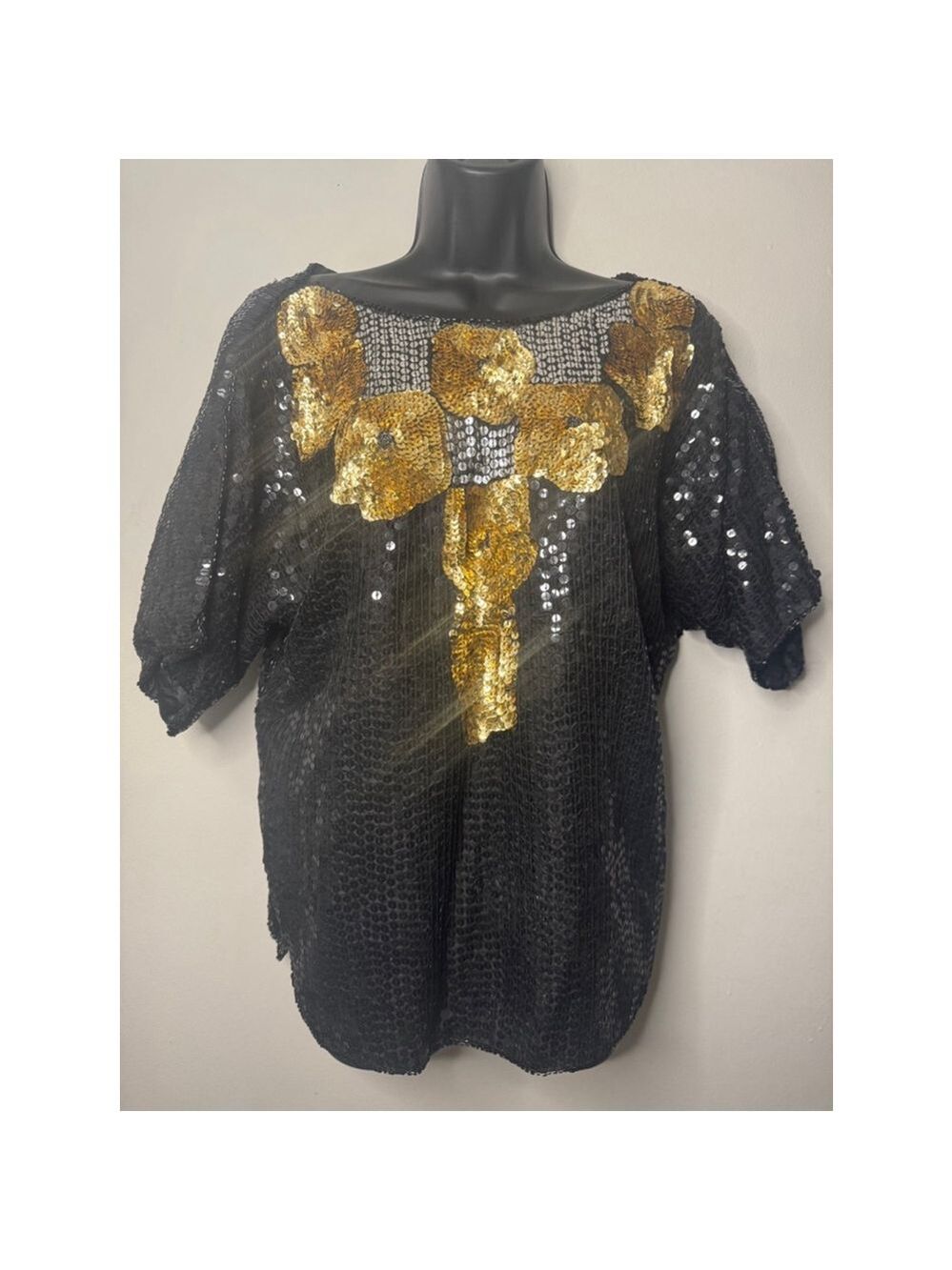 Luxury Vintage Pure Silk Top, Size Small, Heavily Sequined Black and Gold